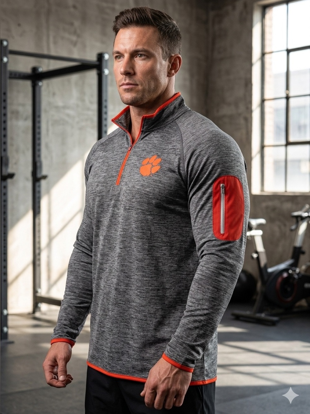 M Clemson Men's Performance Pullover Quarter-Zip Jersey with Orange Paw Accent